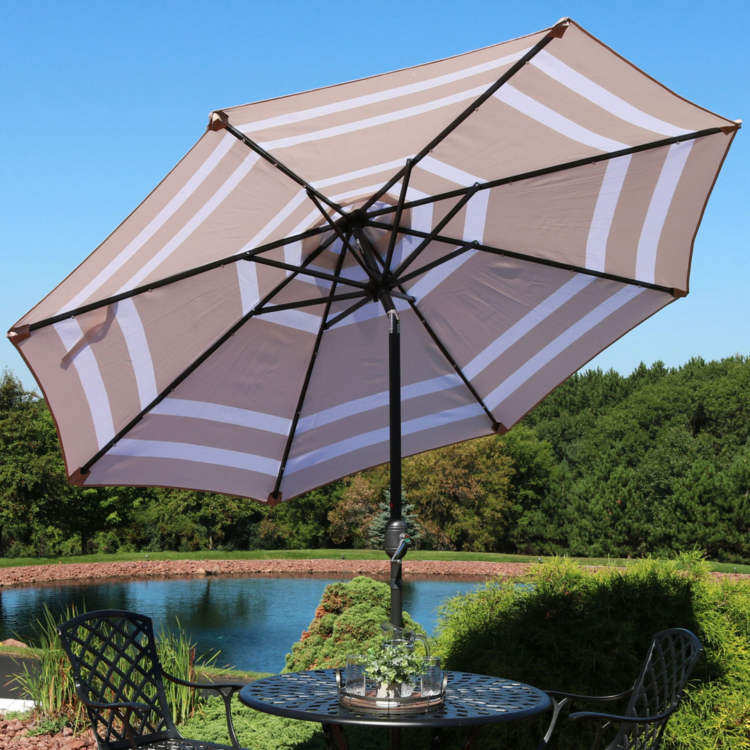 Sunnydaze 9 ft Solar Patio Umbrella with Lights, Tilt, and Crank - Beige Image 7