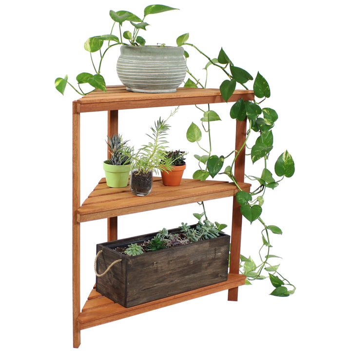 Sunnydaze Meranti Wood/Teak Oil Finish 3-Tier Corner Plant Stand - 36 in Image 6