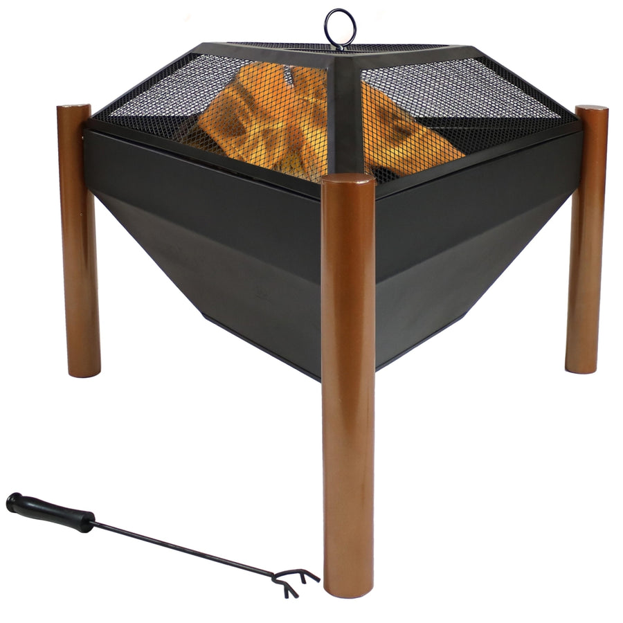 Sunnydaze 31 in Triangle Steel Fire Pit Table with Grate, Poker, and Screen Image 1