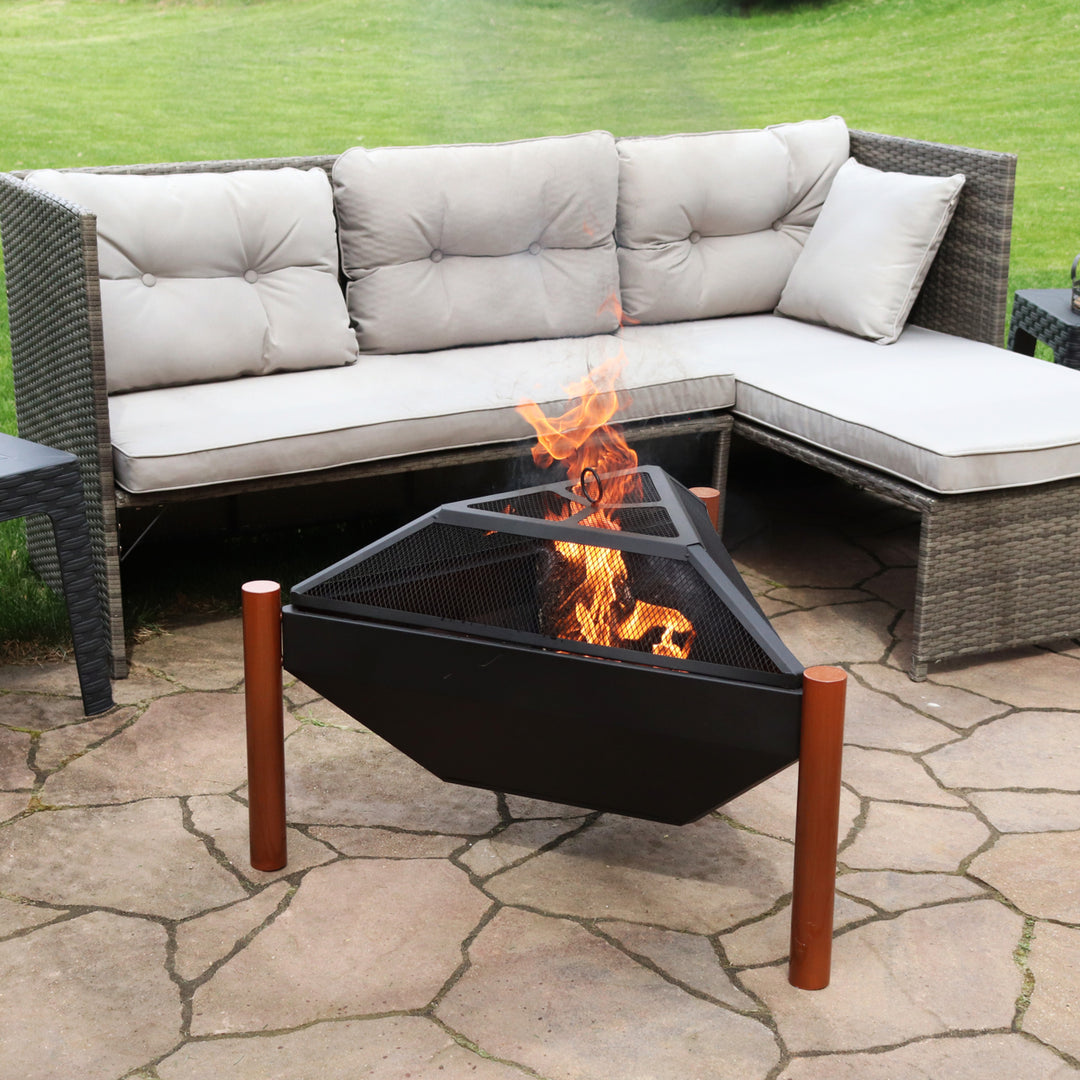 Sunnydaze 31 in Triangle Steel Fire Pit Table with Grate, Poker, and Screen Image 4