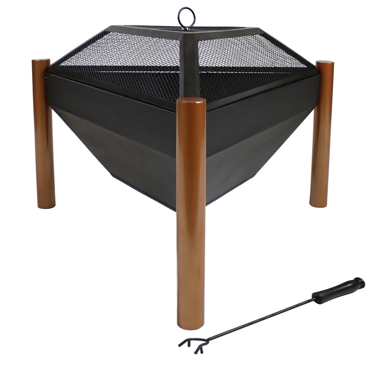 Sunnydaze 31 in Triangle Steel Fire Pit Table with Grate, Poker, and Screen Image 7