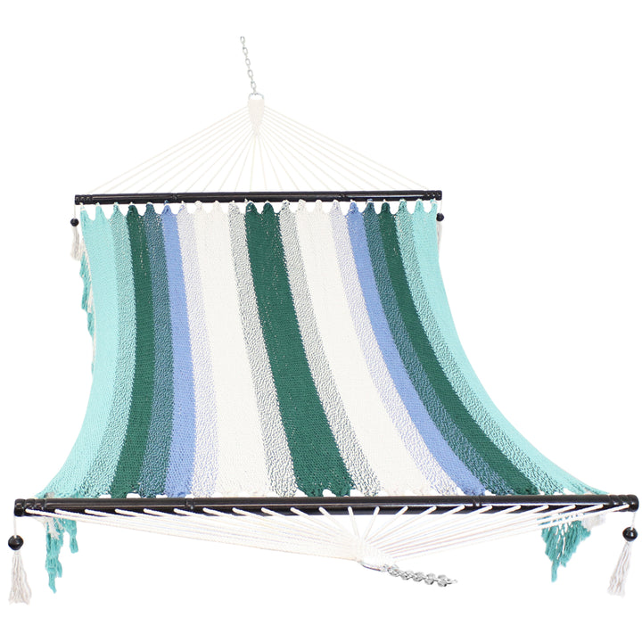 Sunnydaze Large Woven Hammock with Spreader Bar and Fringe - Lagoon Stripes Image 1