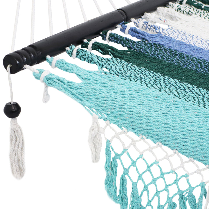 Sunnydaze Large Woven Hammock with Spreader Bar and Fringe - Lagoon Stripes Image 5