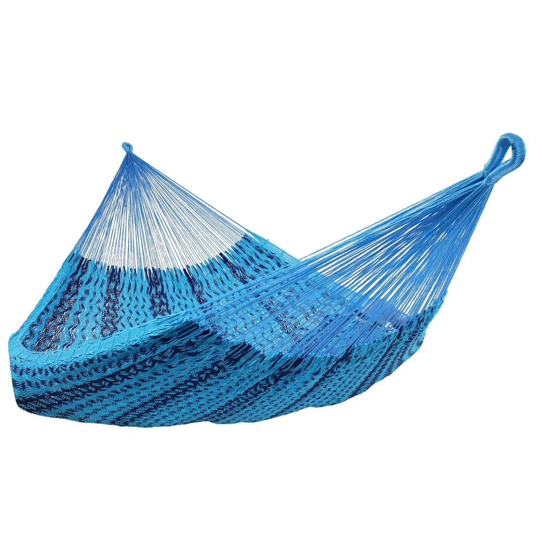 Sunnydaze 2-Person Cotton and Nylon Woven Fabric Hammock - Striped Blue Image 1