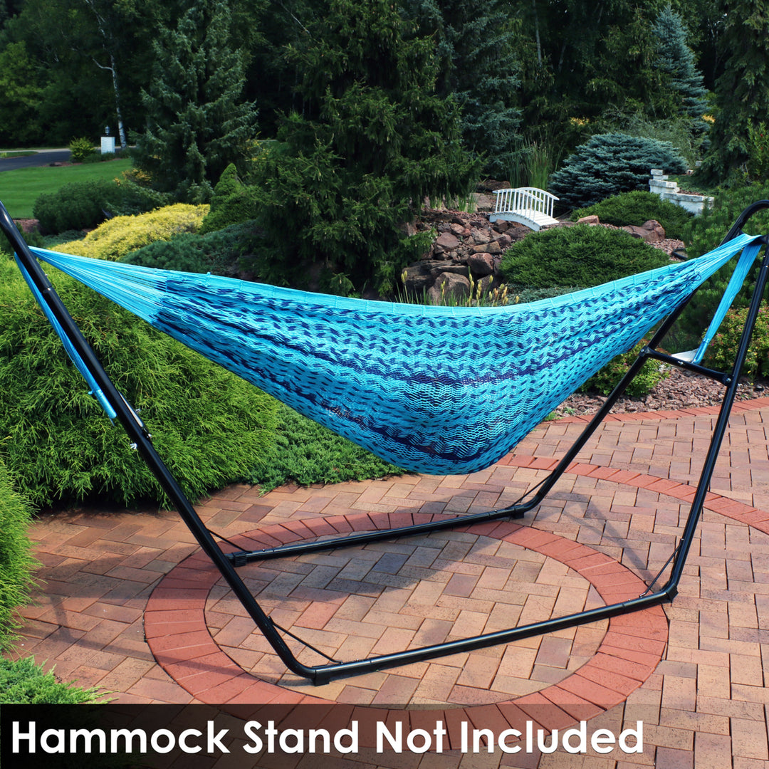 Sunnydaze 2-Person Cotton and Nylon Woven Fabric Hammock - Striped Blue Image 7