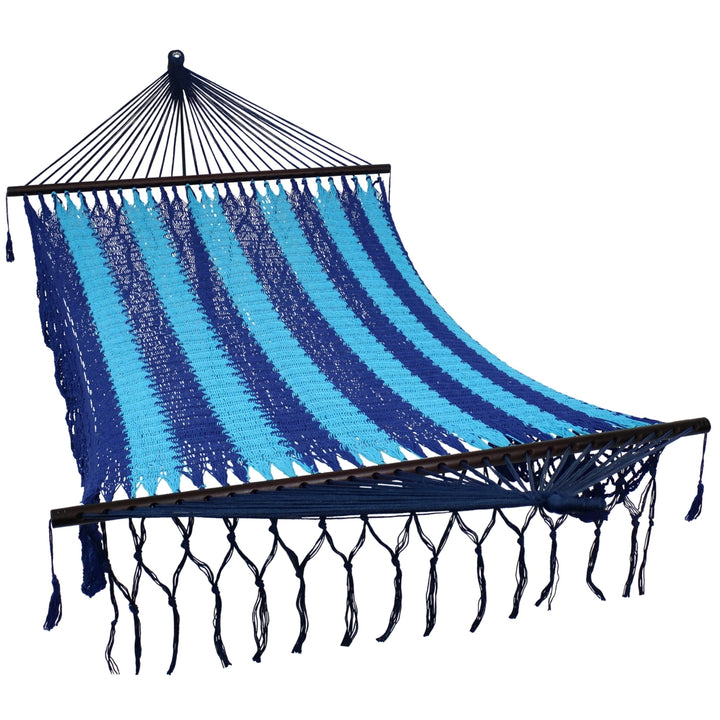 Sunnydaze 2-Person Woven Rope Hammock with Spreader Bars and Fringe - Blue Image 1