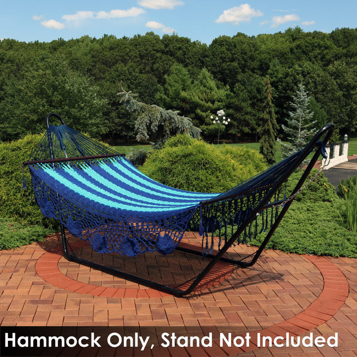 Sunnydaze 2-Person Woven Rope Hammock with Spreader Bars and Fringe - Blue Image 6