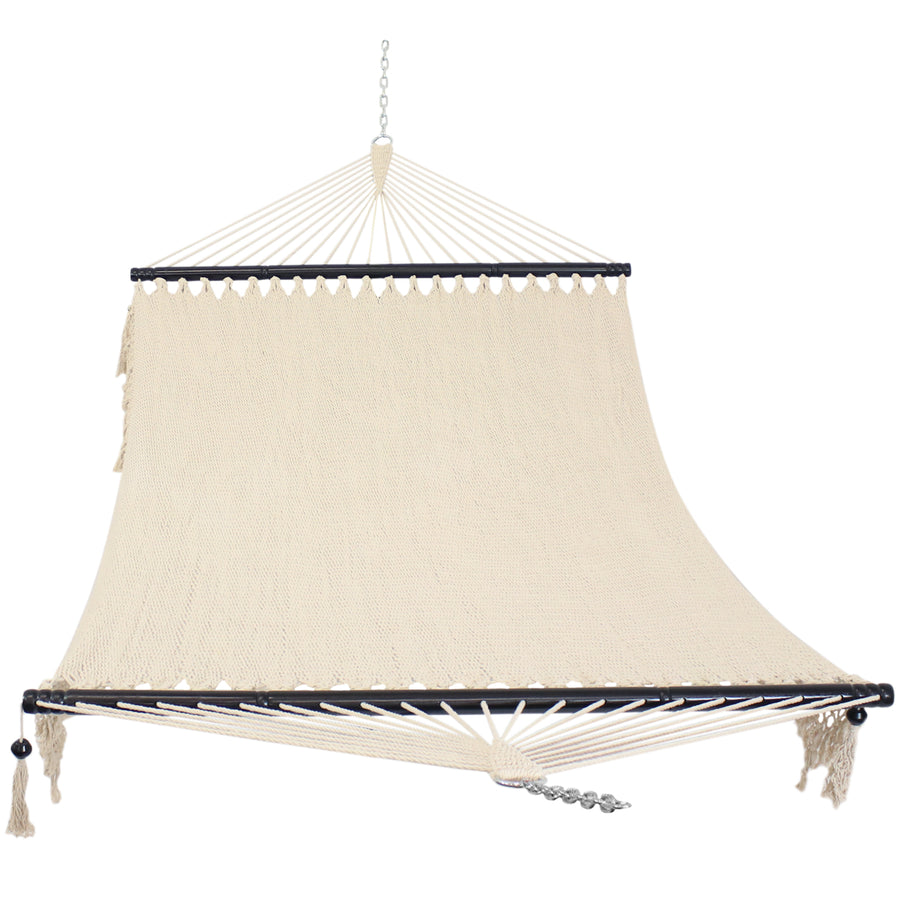 Sunnydaze 2-Person Woven Hammock with Spreader Bars and Fringe - White Image 1