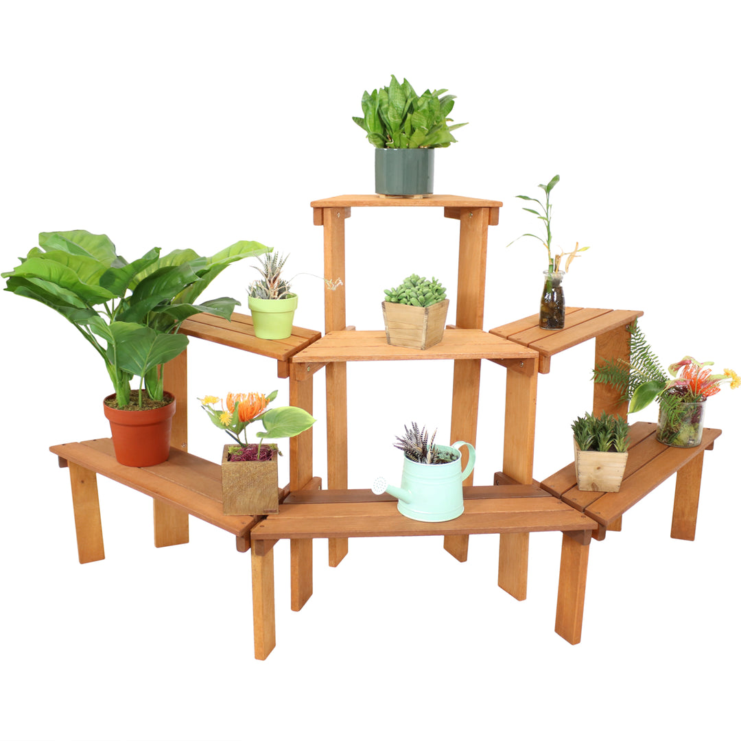 Sunnydaze Meranti Wood/Teak Oil Finish 3-Tier Curved Plant Stand - 5.75 ft Image 5