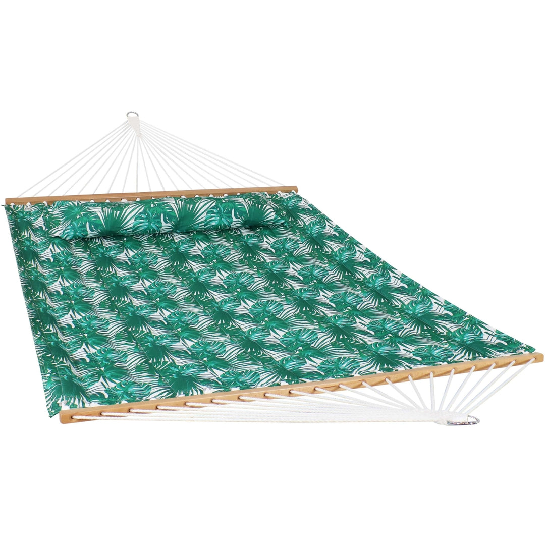 Sunnydaze Large Quilted Hammock with Spreader Bar and Pillow - Palm Leaves Image 1