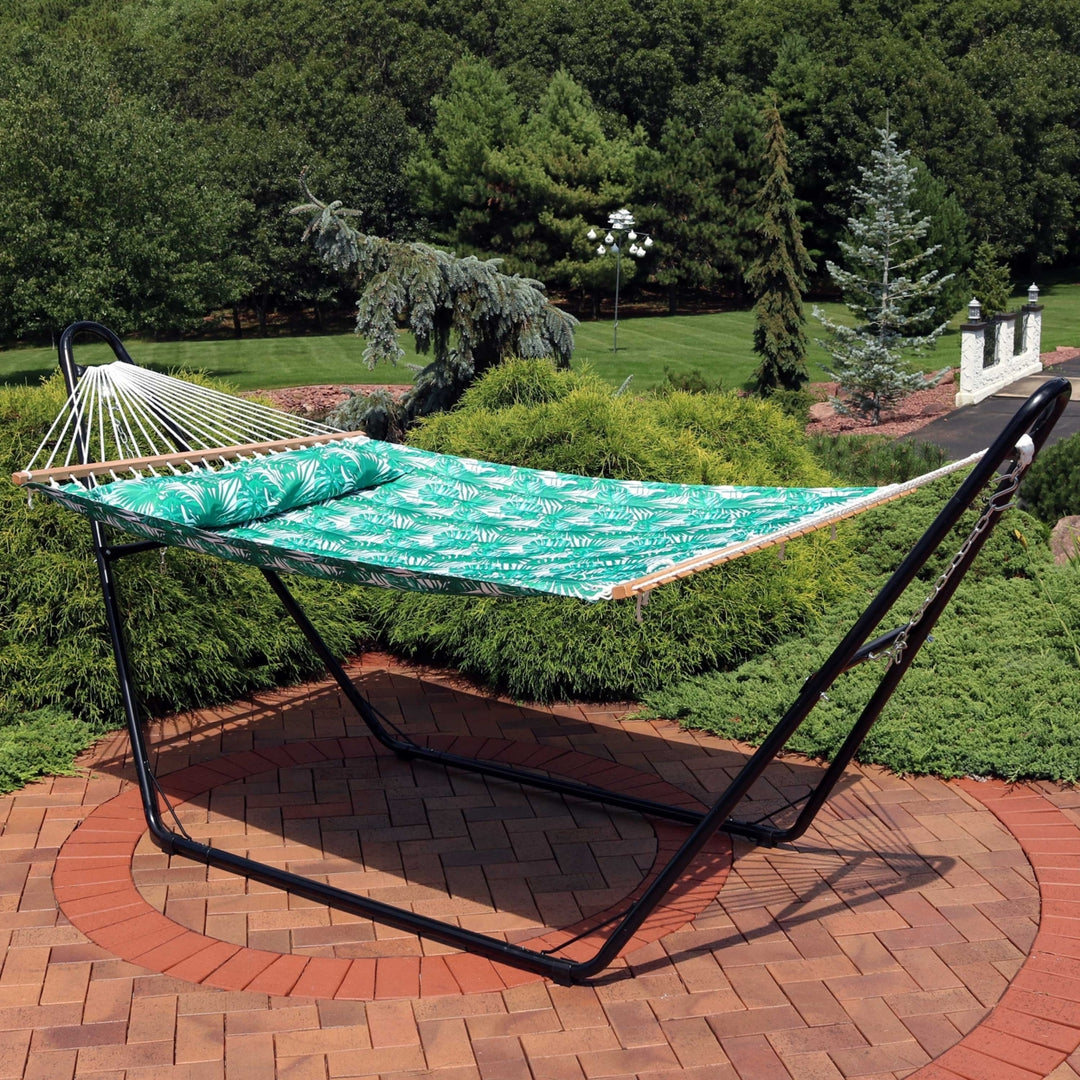 Sunnydaze Large Quilted Hammock with Spreader Bar and Pillow - Palm Leaves Image 4