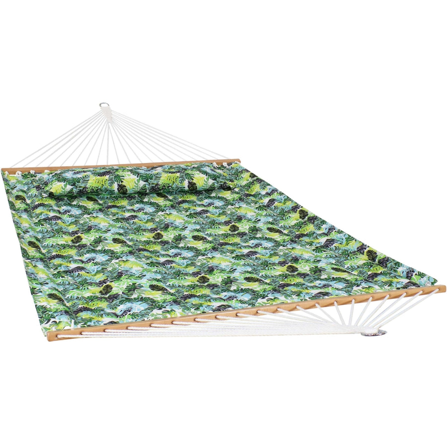Sunnydaze 2-Person Quilted Hammock with Spreader Bar and Pillow - Tropical Image 1