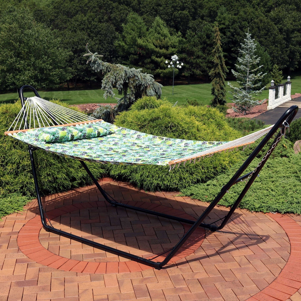 Sunnydaze 2-Person Quilted Hammock with Spreader Bar and Pillow - Tropical Image 2