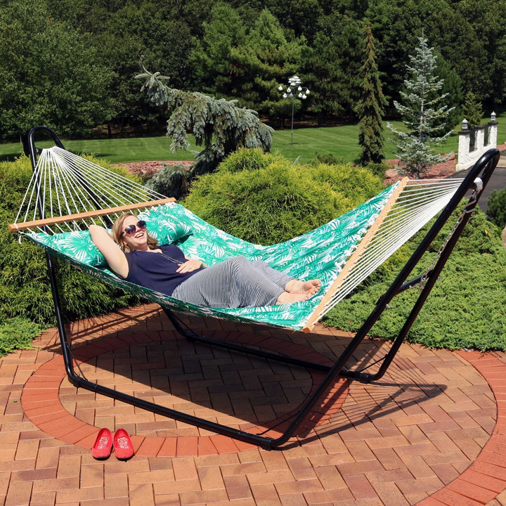 Sunnydaze Large Quilted Hammock with Spreader Bar and Pillow - Palm Leaves Image 8