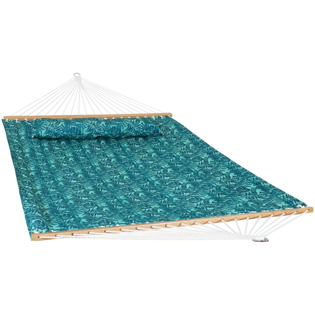 Sunnydaze Large Quilted Hammock with Spreader Bar and Pillow - Blue Tropics Image 1