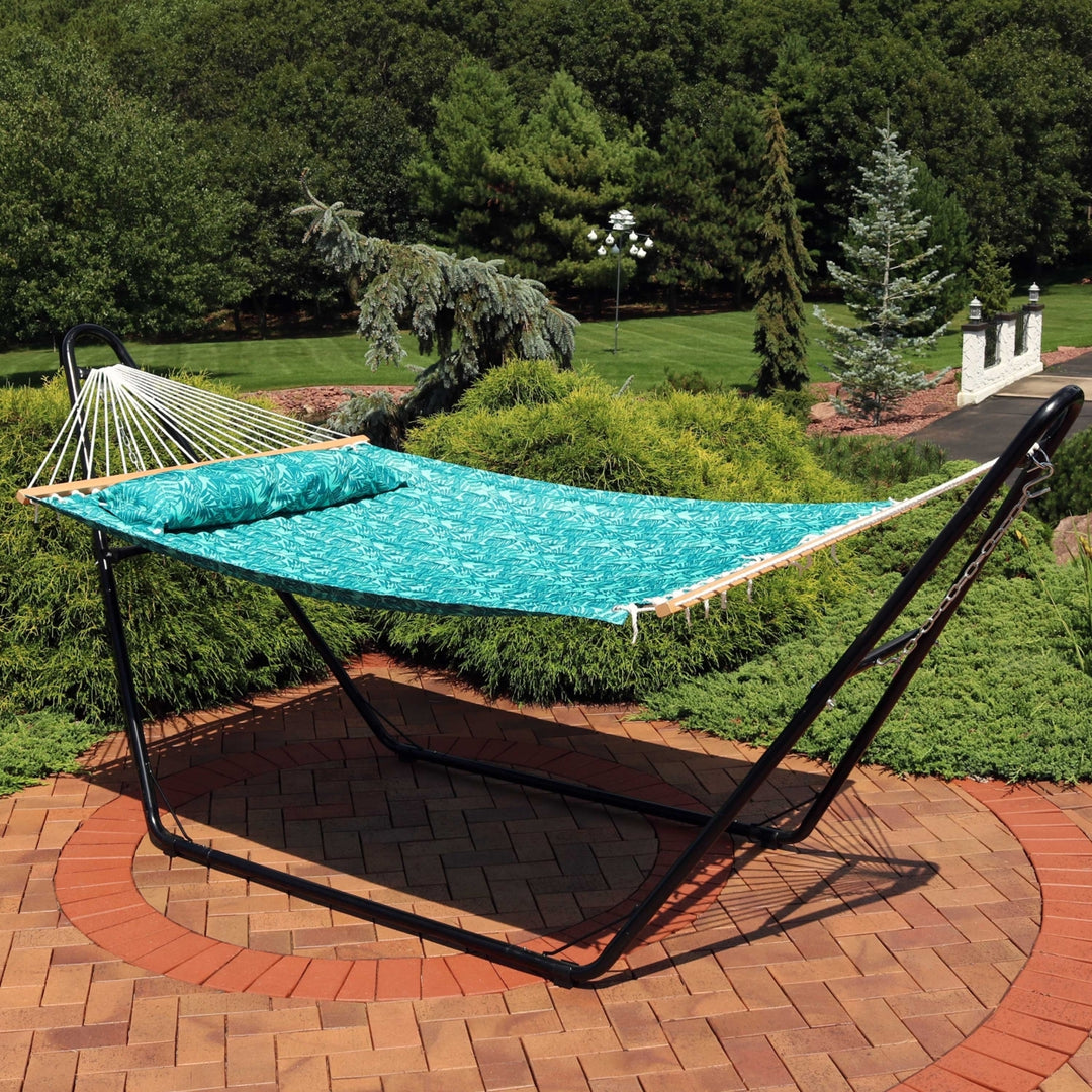 Sunnydaze Large Quilted Hammock with Spreader Bar and Pillow - Blue Tropics Image 4