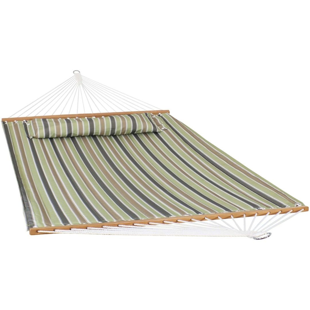 Sunnydaze Large Quilted Hammock with Spreader Bar and Pillow - Khaki Stripe Image 1