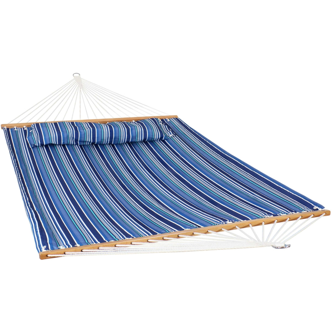 Sunnydaze Large Quilted Hammock with Spreader Bar and Pillow - Blue Stripe Image 1