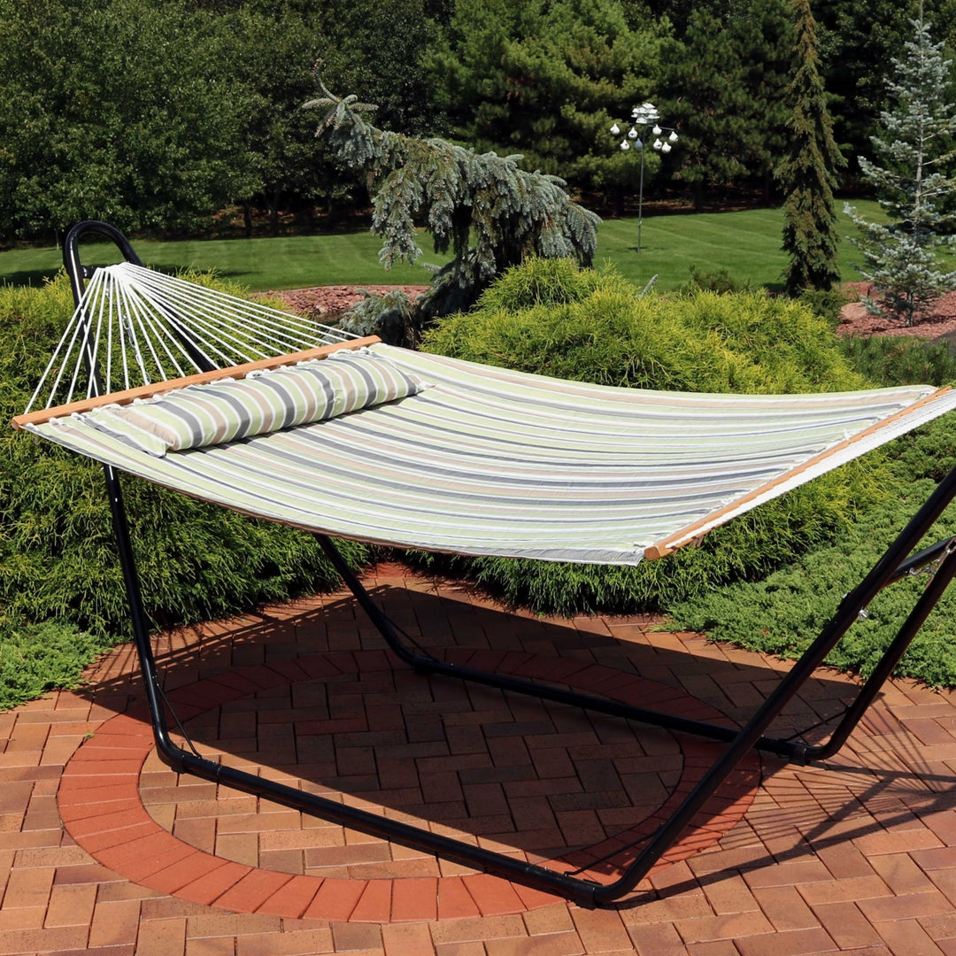 Sunnydaze Large Quilted Hammock with Spreader Bar and Pillow - Khaki Stripe Image 4