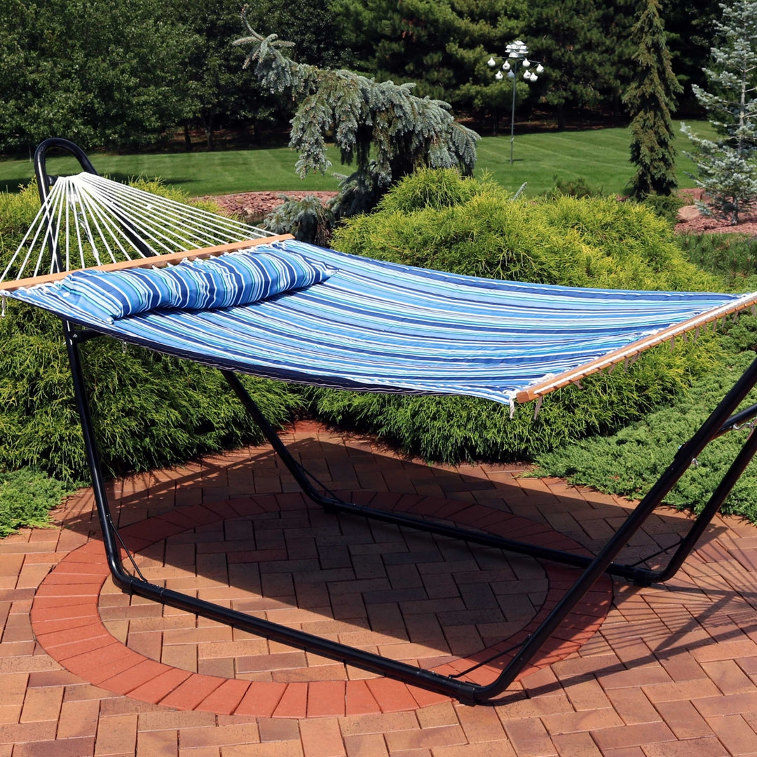 Sunnydaze Large Quilted Hammock with Spreader Bar and Pillow - Blue Stripe Image 4