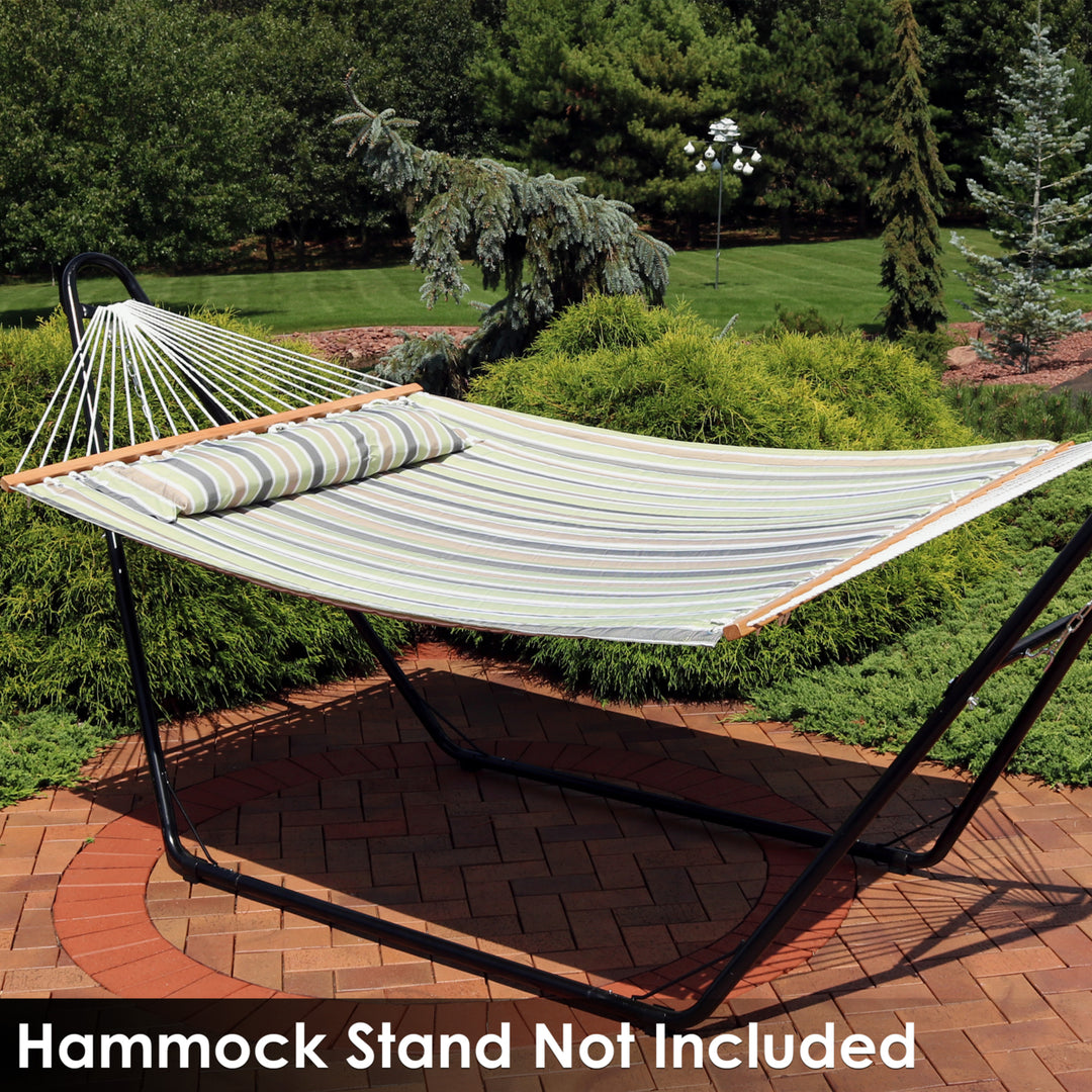 Sunnydaze Large Quilted Hammock with Spreader Bar and Pillow - Khaki Stripe Image 12