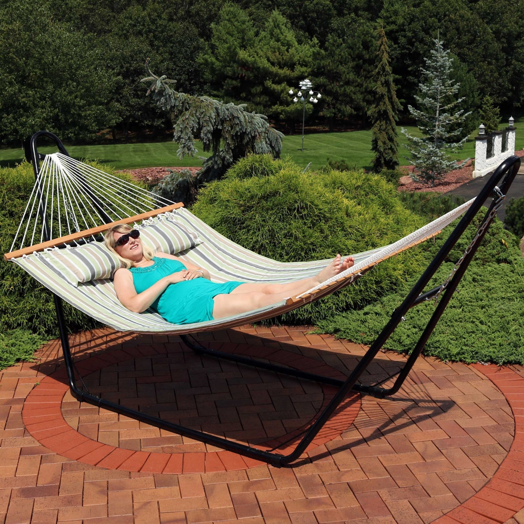 Sunnydaze Large Quilted Hammock with Spreader Bar and Pillow - Khaki Stripe Image 7