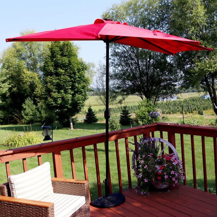 Sunnydaze 9 ft Solar Steel Half Patio Umbrella with Crank - Red Image 2