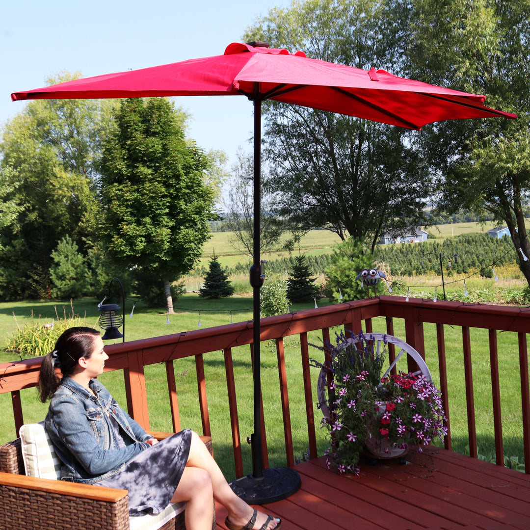 Sunnydaze 9 ft Solar Steel Half Patio Umbrella with Crank - Red Image 11