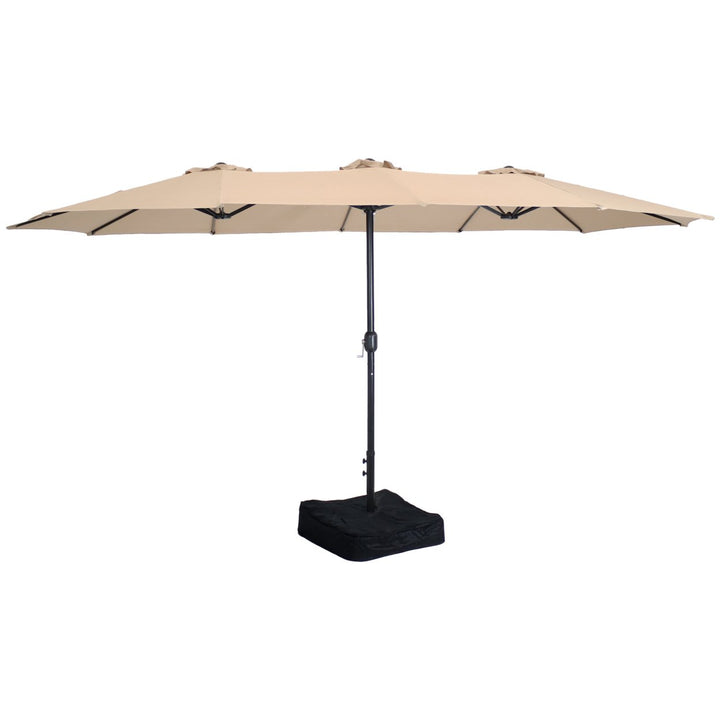 Sunnydaze 15 ft Steel Double-Sided Patio Umbrella with Sandbag Base - Tan Image 1