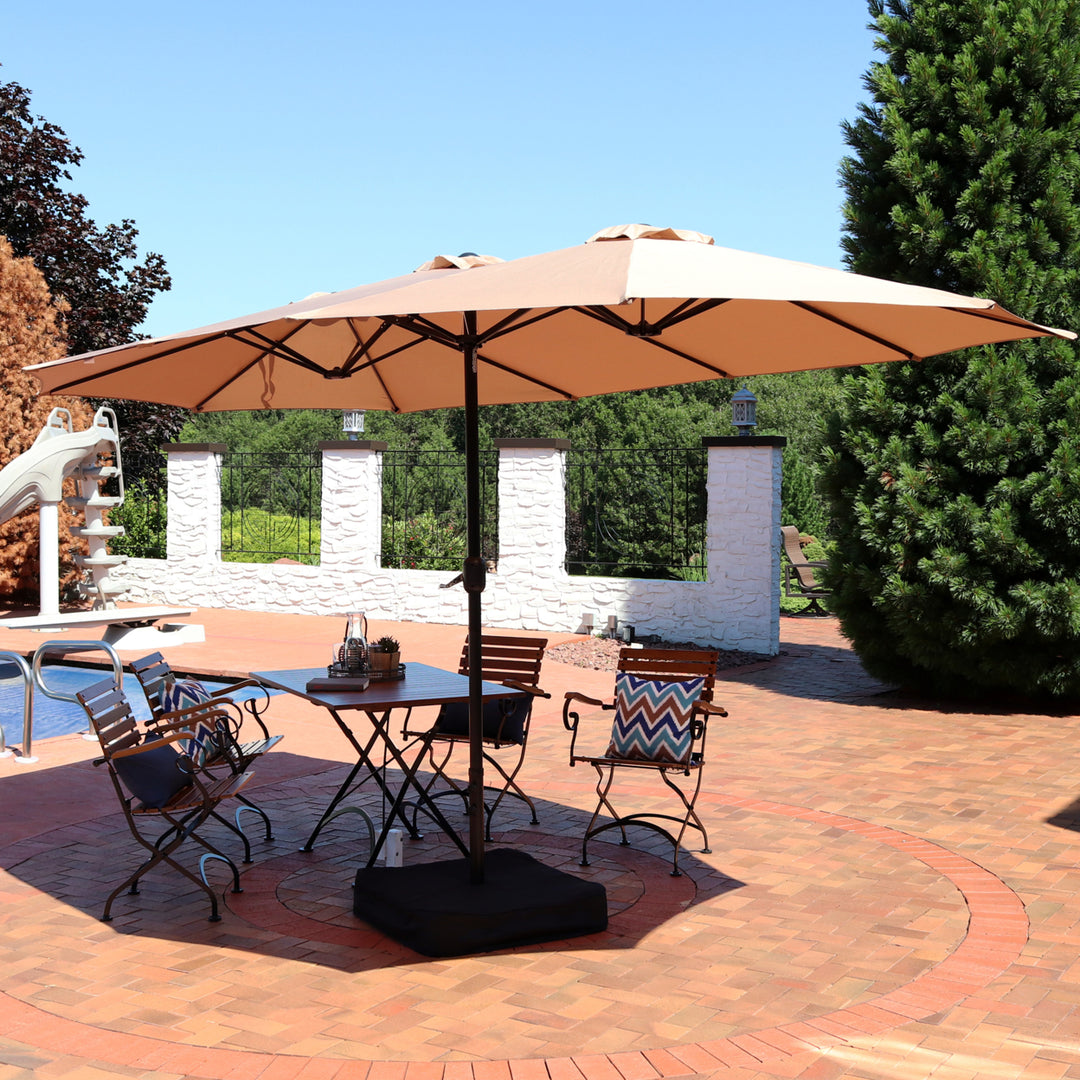 Sunnydaze 15 ft Steel Double-Sided Patio Umbrella with Sandbag Base - Tan Image 4