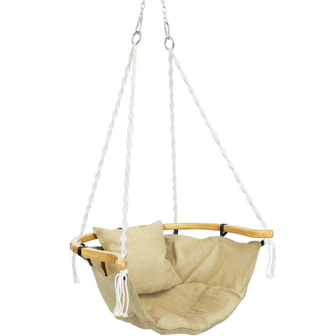 Sunnydaze Olefin Fabric Hammock Chair with Cushion and Wood Armrest - Khaki Image 1