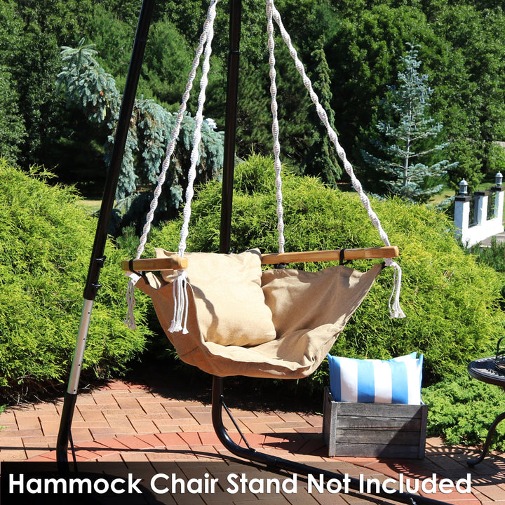 Sunnydaze Olefin Fabric Hammock Chair with Cushion and Wood Armrest - Khaki Image 2