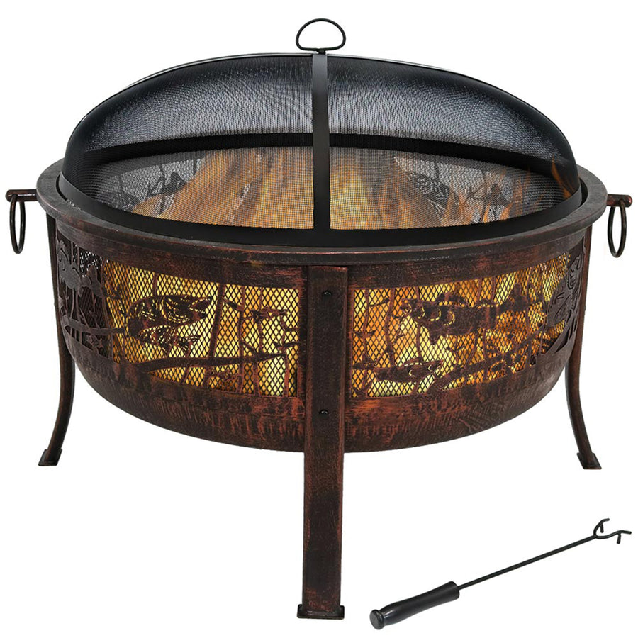 Sunnydaze 30 in Northwoods Fishing Steel Fire Pit with Spark Screen Image 1