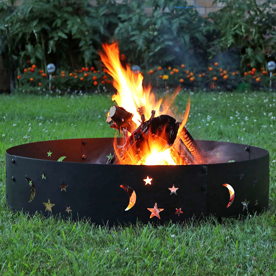 Sunnydaze 36 in Steel Die-Cute Stars and Moons Wood Burning Fire Pit Ring Image 2