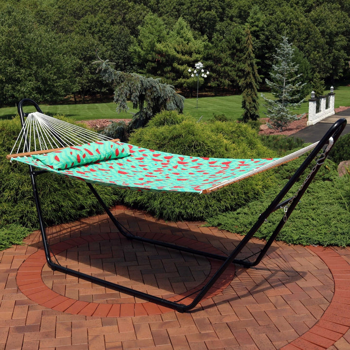 Sunnydaze Large Quilted Hammock with Spreader Bar and Pillow - Watermelon Image 4