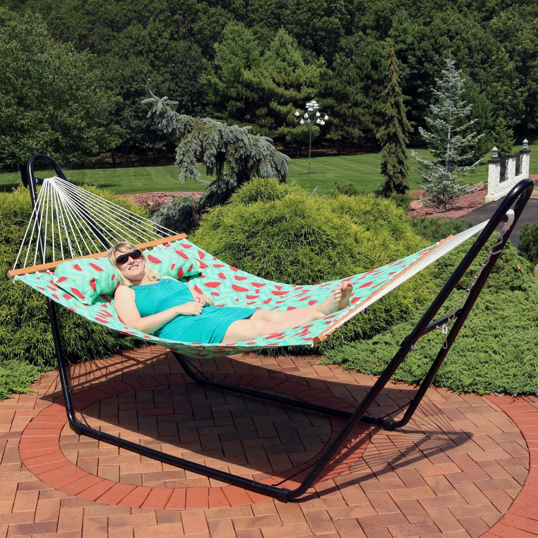 Sunnydaze Large Quilted Hammock with Spreader Bar and Pillow - Watermelon Image 8