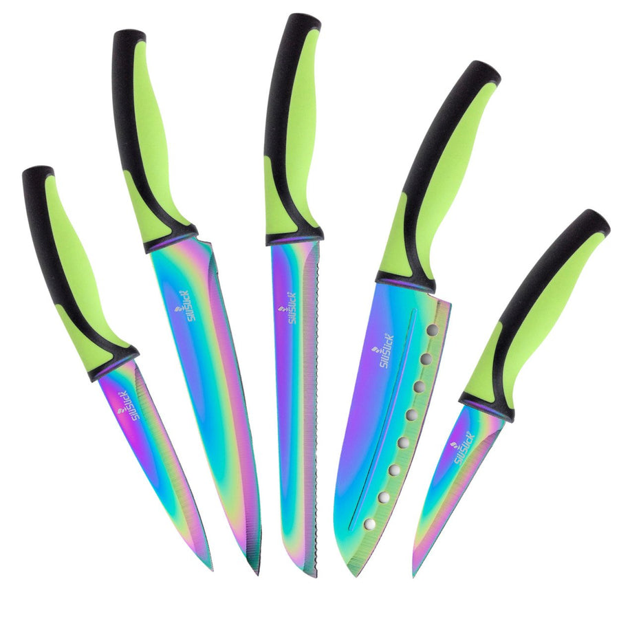 SiliSlick Stainless Steel Knife Set Green Handle Titanium Coated Kitchen Utility Image 1