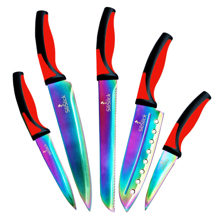 SiliSlick Stainless Steel Knife Set Red Handle Titanium Coated Utility Chef Knives Image 1