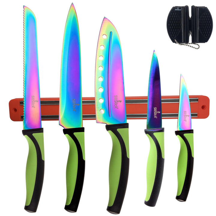 SiliSlick Stainless Steel Knife Set Green Handle 5 Piece with Sharpener Rack Image 1