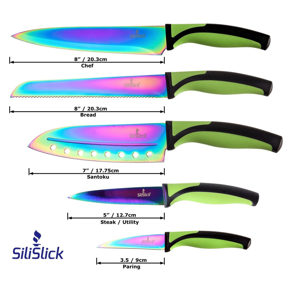 SiliSlick Stainless Steel Knife Set Green Handle 5 Piece with Sharpener Rack Image 2