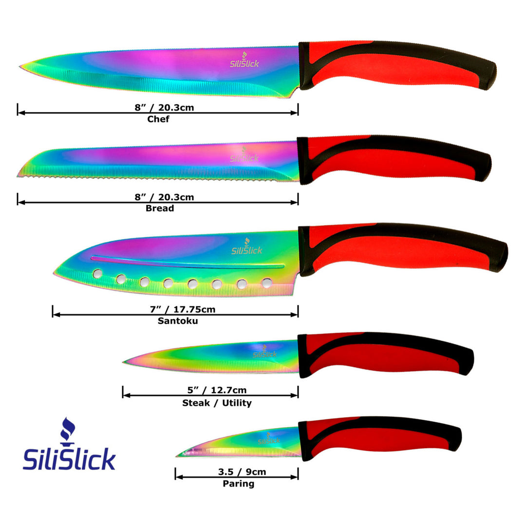 SiliSlick Stainless Steel Knife Set Red Handle Titanium Coated Utility Chef Knives Image 2