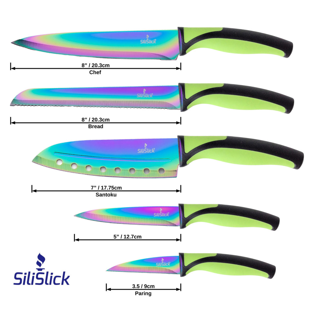 SiliSlick Stainless Steel Knife Set Green Handle Titanium Coated Kitchen Utility Image 2