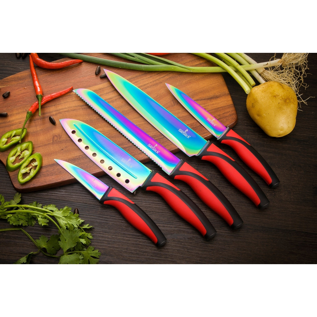 SiliSlick Stainless Steel Knife Set Red Handle Titanium Coated Utility Chef Knives Image 3