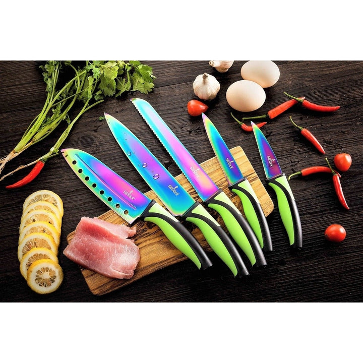 SiliSlick Stainless Steel Knife Set Green Handle 5 Piece with Sharpener Rack Image 4