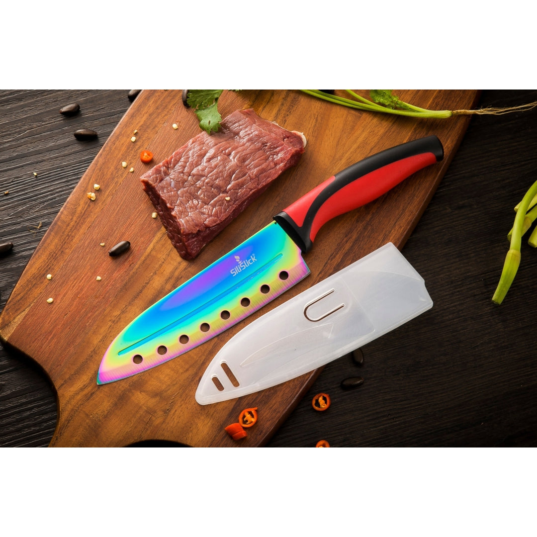 SiliSlick Stainless Steel Knife Set Red Handle Titanium Coated Utility Chef Knives Image 4