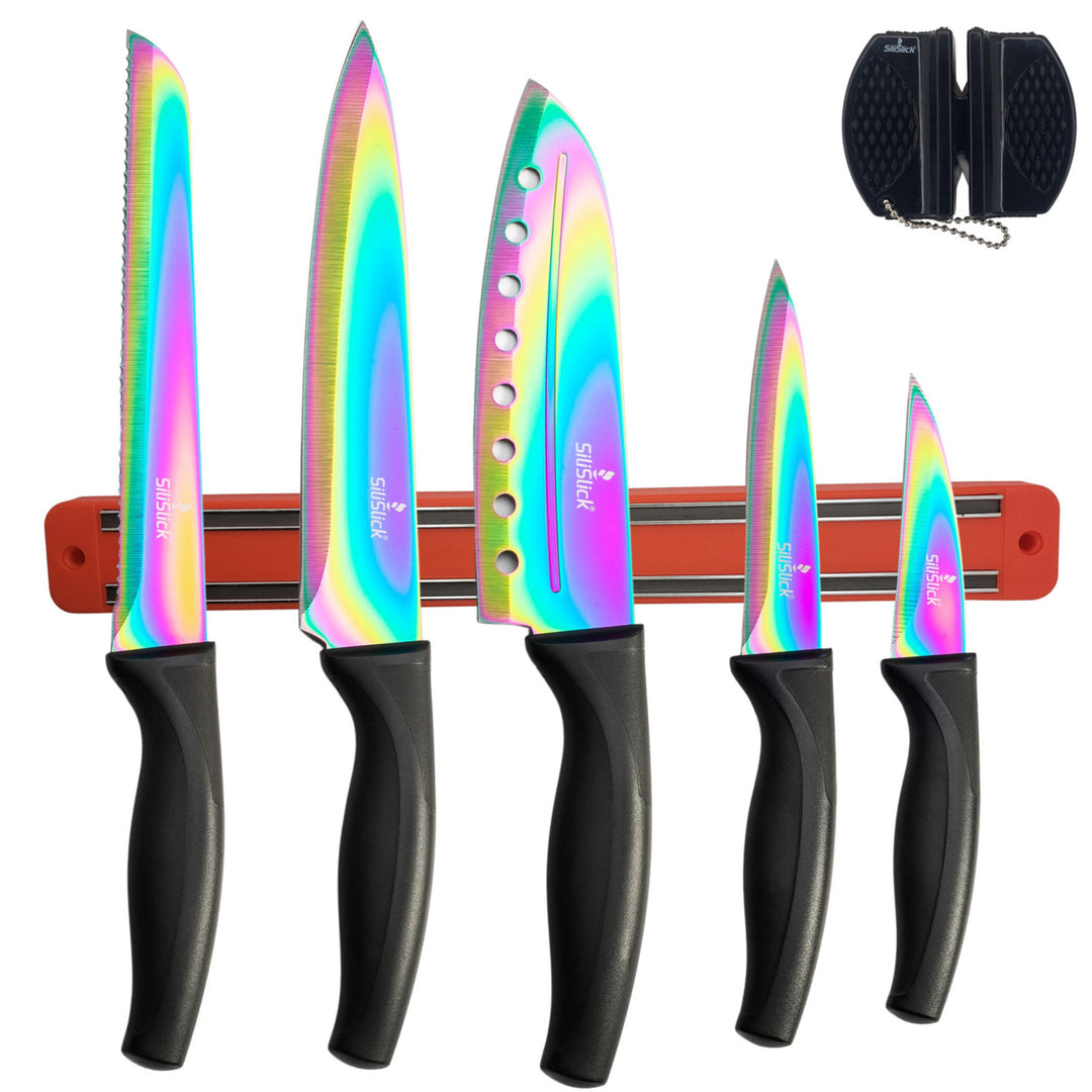 SiliSlick Stainless Steel Knife Set with Black Handle Titanium Coated 5 Pieces Image 1