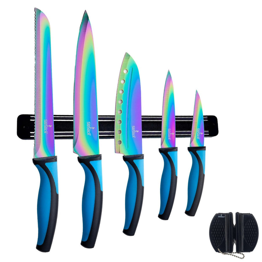 SiliSlick Stainless Steel Knife Set Blue Handle Titanium Coated 5 Knives and Sharpener Image 1