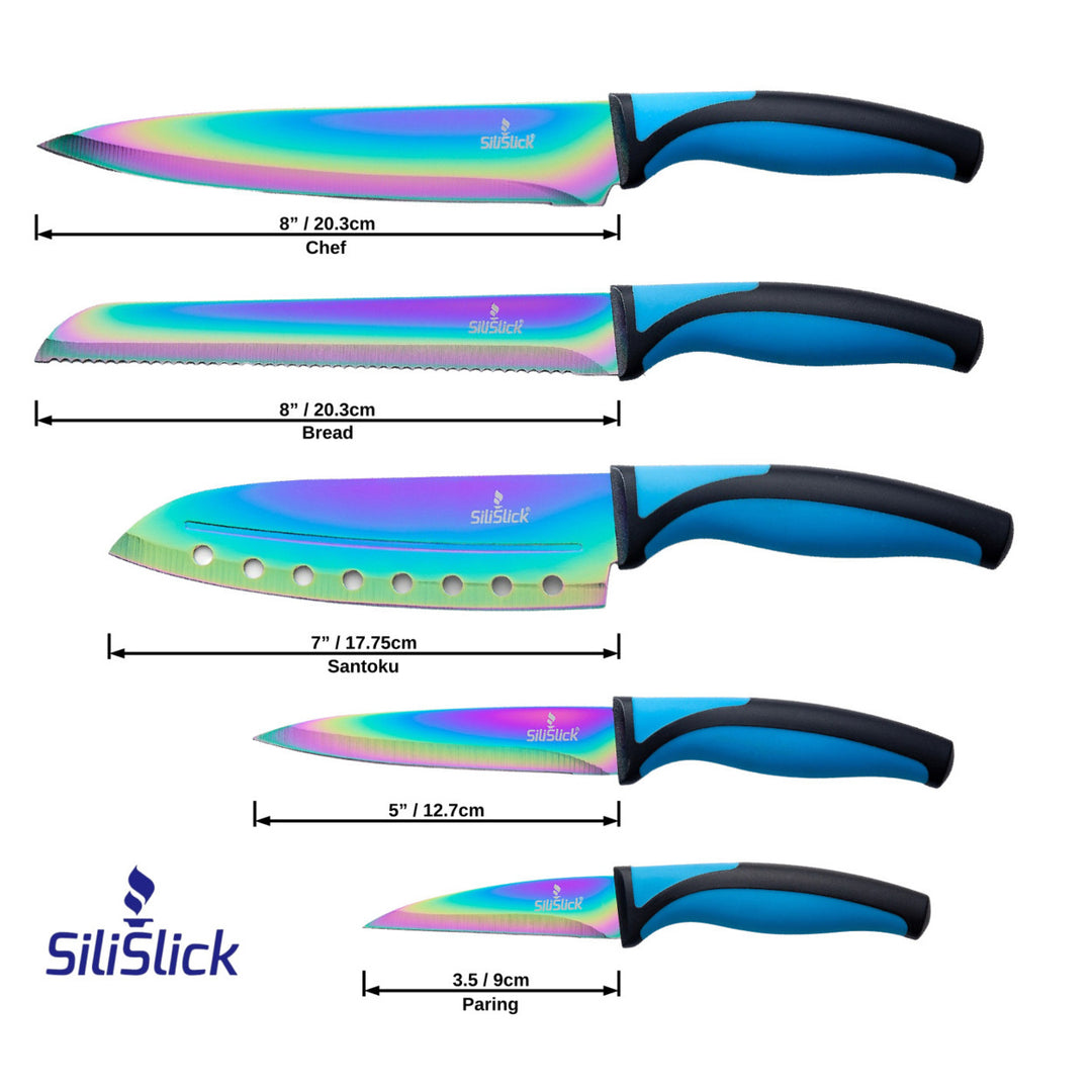 SiliSlick Stainless Steel Knife Set Blue Handle Titanium Coated 5 Knives and Sharpener Image 2