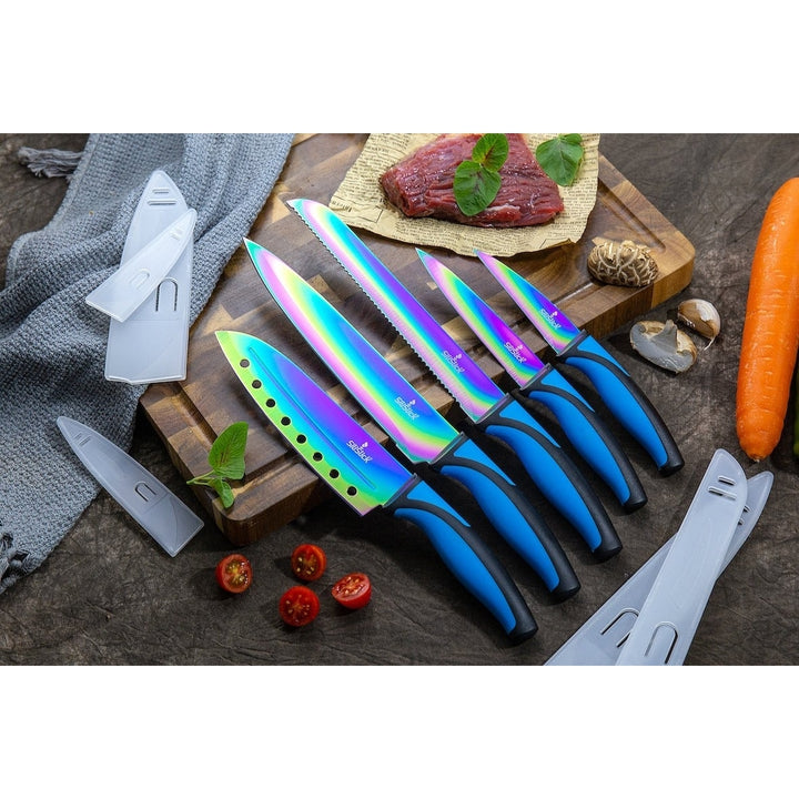 SiliSlick Stainless Steel Knife Set Blue Handle Titanium Coated 5 Knives and Sharpener Image 5