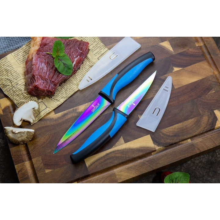 SiliSlick Stainless Steel Knife Set Blue Handle Titanium Coated 5 Knives and Sharpener Image 8